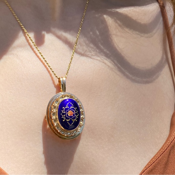 Jewelry - 💙Antique💙14K Solid Gold Lace Blue Flower Pin Enamel Brooch Pendant